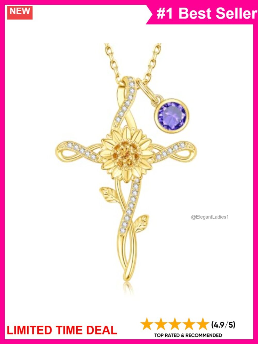 14k Gold Plated Sunflower Cross Birthstone Pendant Necklace Women